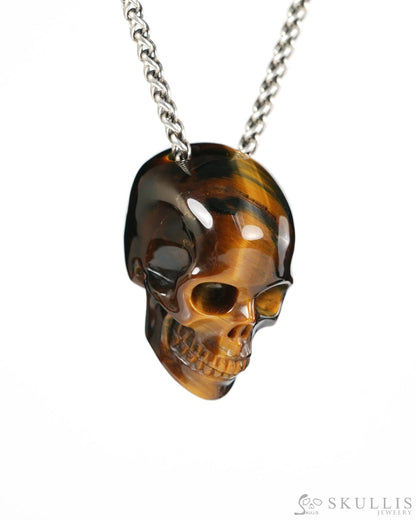 Hollow Essence - Gem Skull Pendant Necklace of Blue & Gold Tiger’s Eye Hand Carved Hollow Skull - 9900542 - Skull