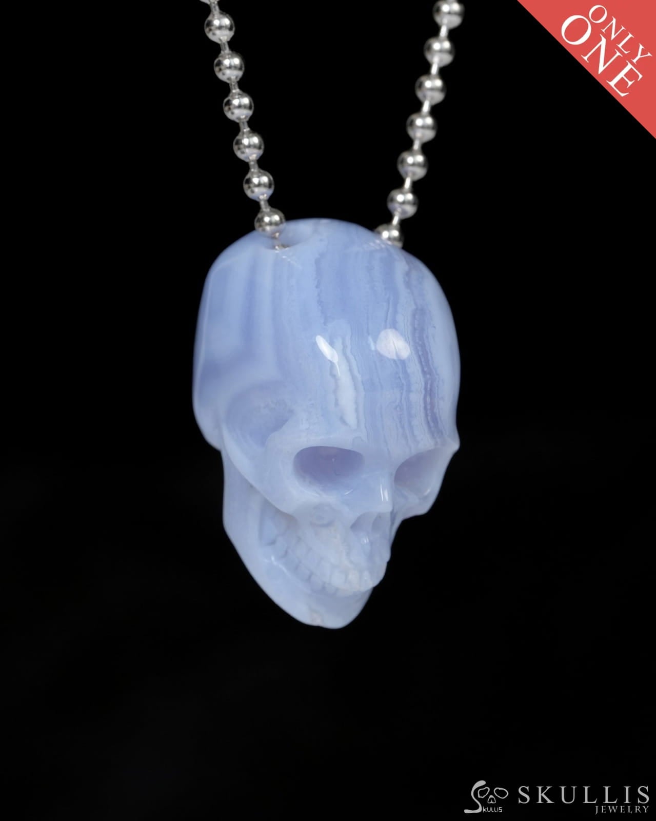 Hollow Essence - Gem Skull Pendant Necklace of Blue Lace Agate Carved Hollow Skull - 9900215 - Skull Pendants