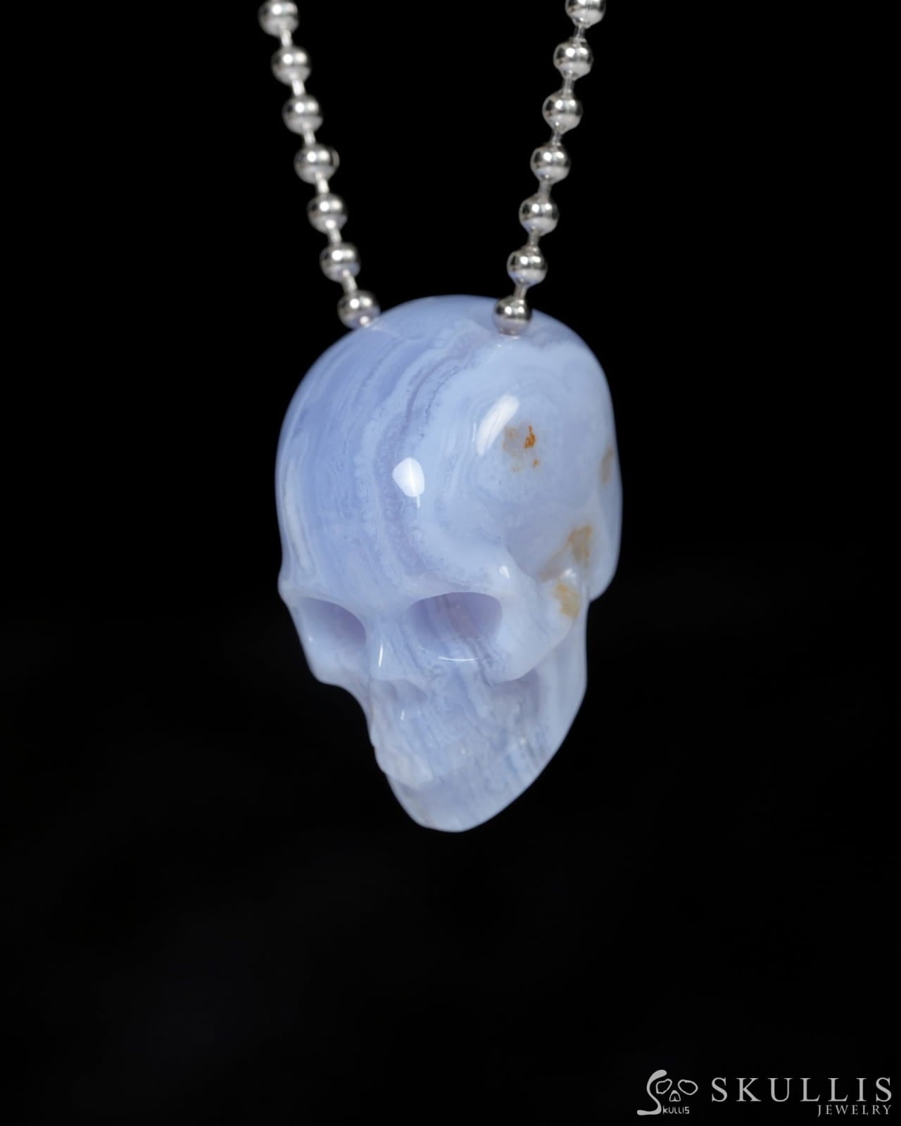 Hollow Essence - Gem Skull Pendant Necklace of Blue Lace Agate Carved Hollow Skull - 9900215 - Skull Pendants