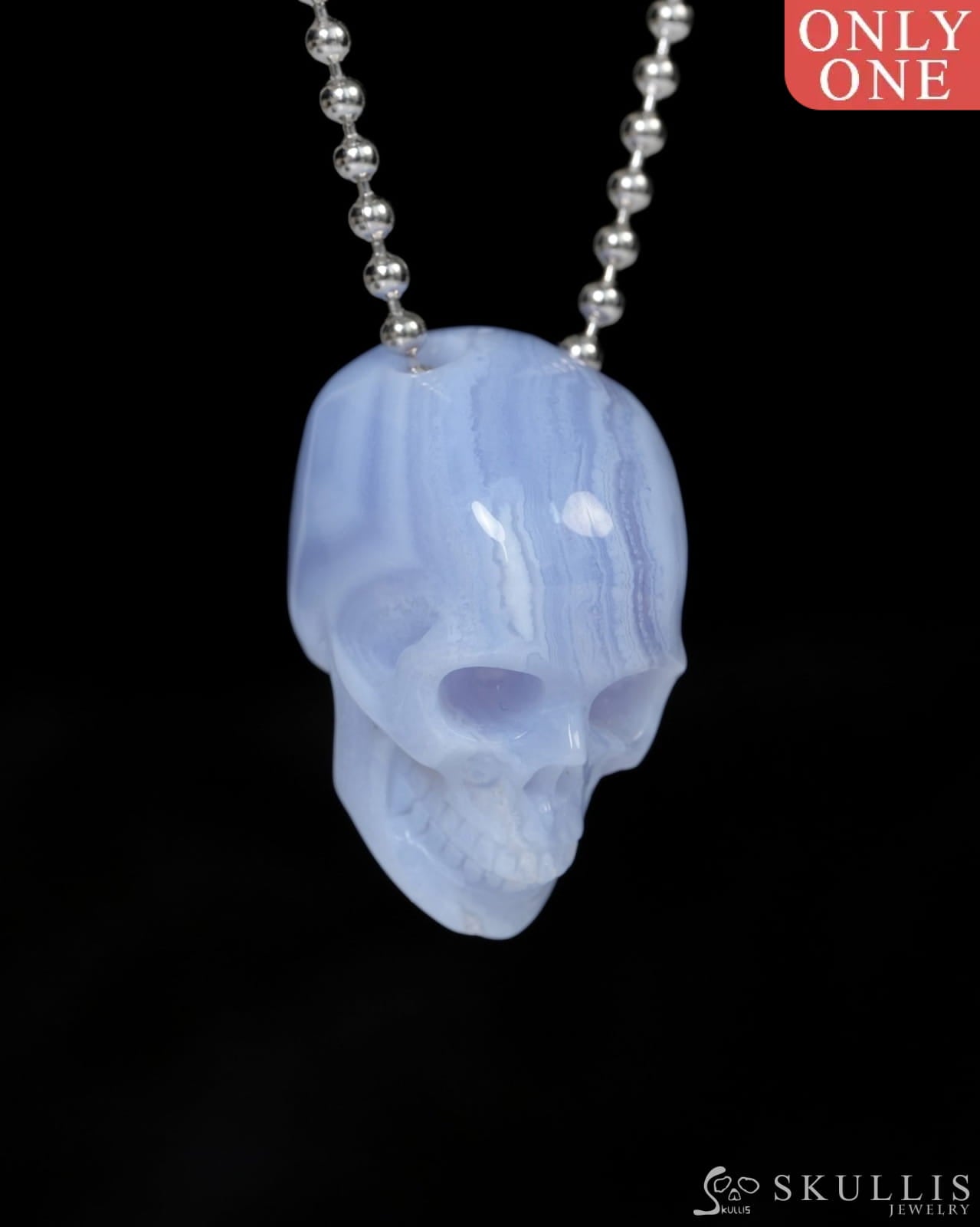 Hollow Essence - Gem Skull Pendant Necklace of Blue Lace Agate Carved Hollow Skull - 9900215 - Skull Pendants