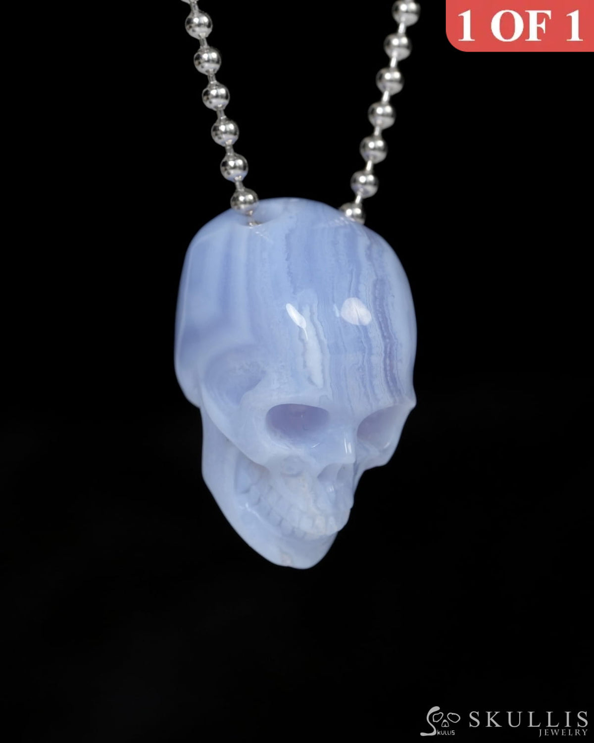 Hollow Essence - Gem Skull Pendant Necklace of Blue Lace Agate Carved Hollow Skull - 9900215 - Skull Pendants