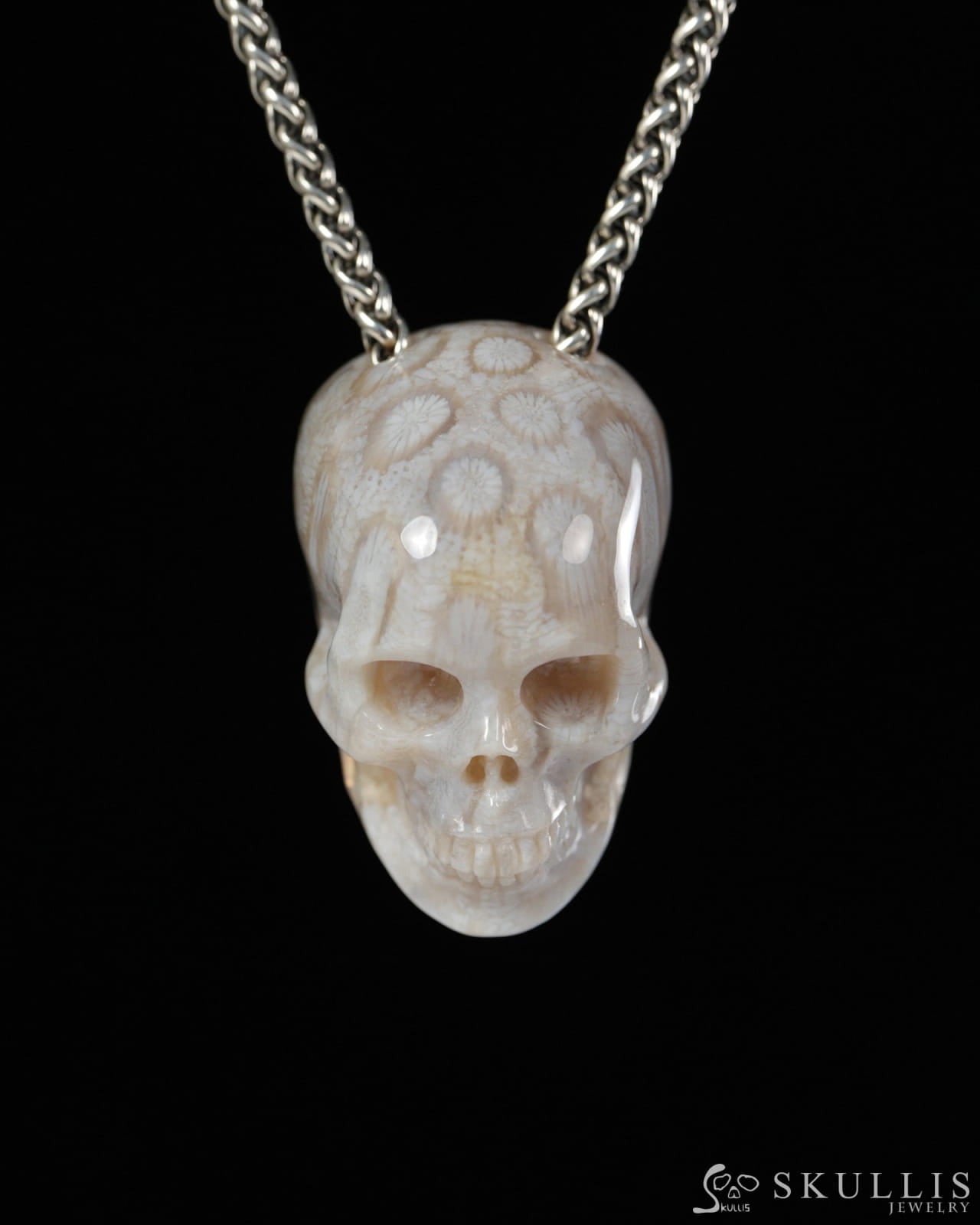 Hollow Essence - Gem Skull Pendant Necklace of Coral Fossil Carved Hollow Skull - 9900498 - Skull Pendants
