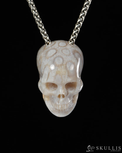 Hollow Essence - Gem Skull Pendant Necklace of Coral Fossil Carved Hollow Skull - 9900498 - Skull Pendants