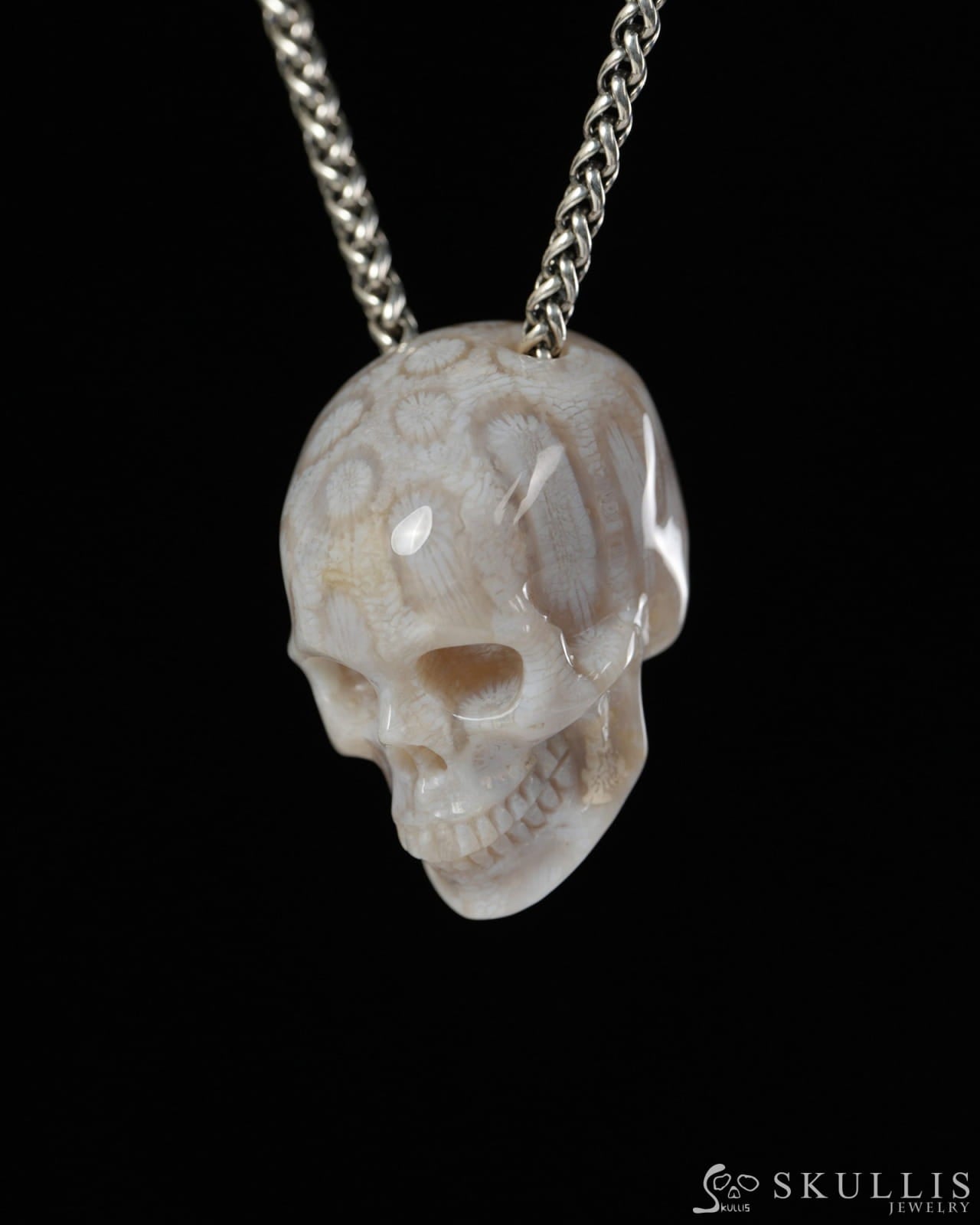 Hollow Essence - Gem Skull Pendant Necklace of Coral Fossil Carved Hollow Skull - 9900498 - Skull Pendants