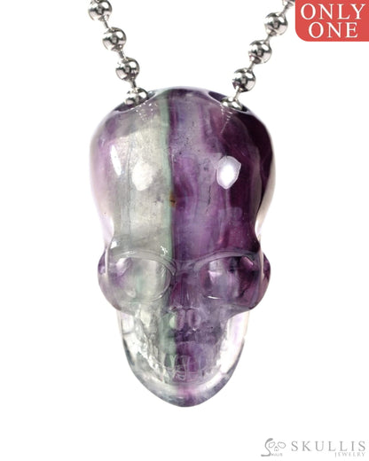 Gem Skull Pendant Necklace of Fluorite Carved Skull with 925 Sterling Silver Chain - 9500239 One of a Kind
