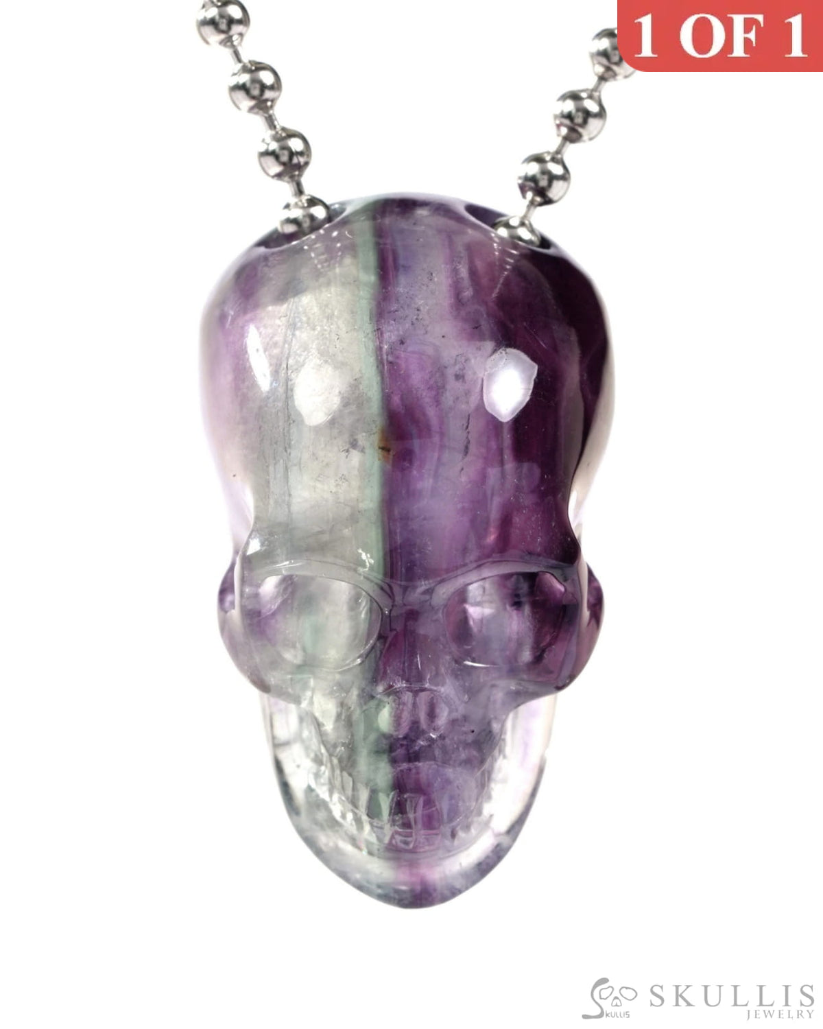 Gem Skull Pendant Necklace of Fluorite Carved Skull with 925 Sterling Silver Chain - 9500239 One of a Kind