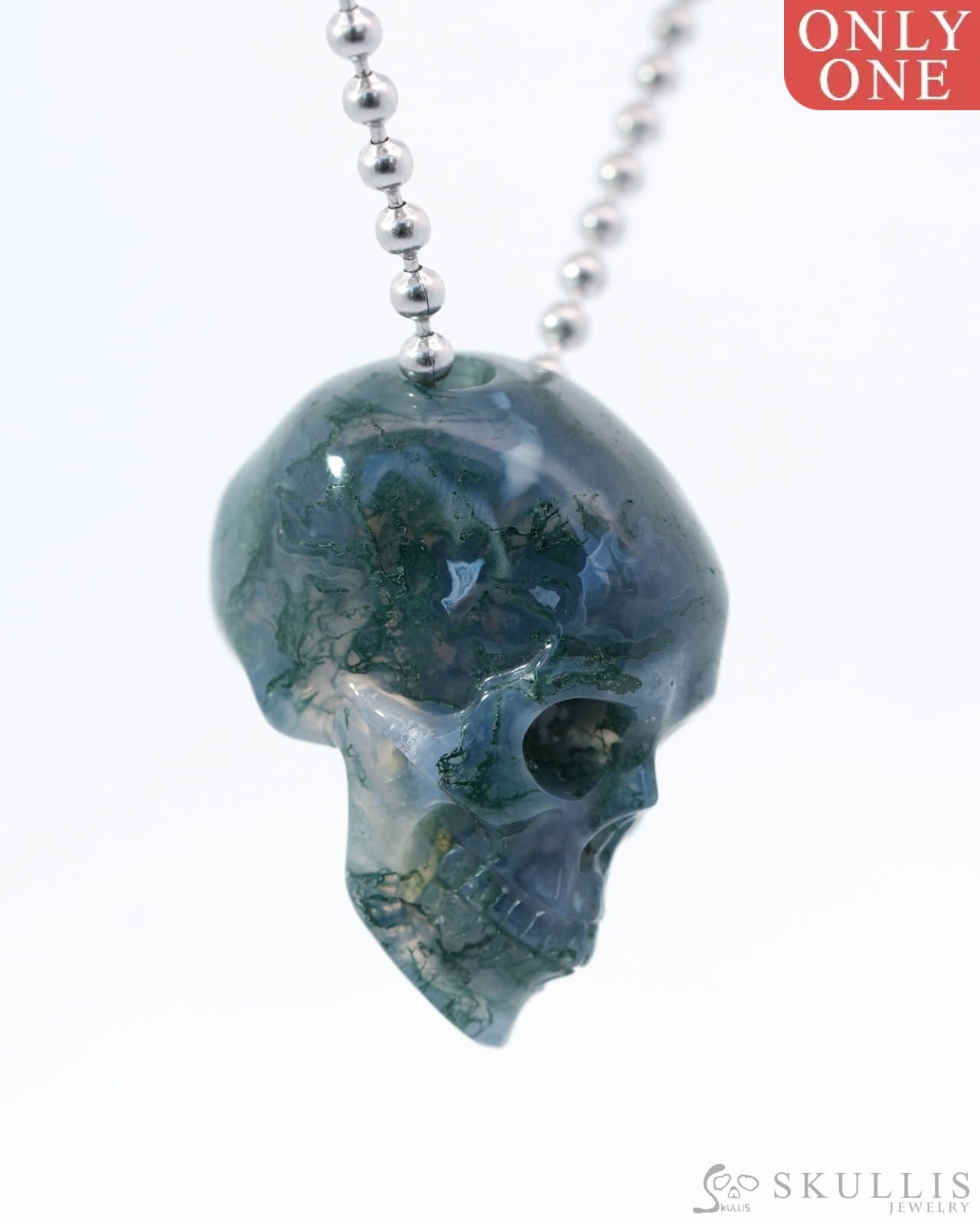 Gem Skull Pendant Necklace of Green Moss Agate Carved Hollow Skull with 925 Sterling Silver Chain - 4814084 Skull