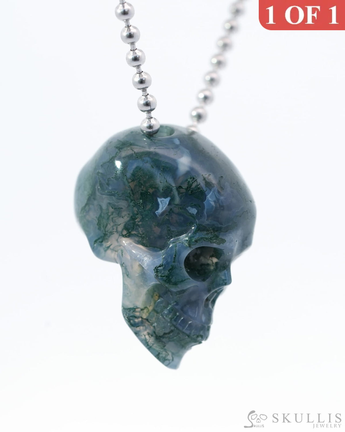 Gem Skull Pendant Necklace of Green Moss Agate Carved Hollow Skull with 925 Sterling Silver Chain - 4814084 Skull