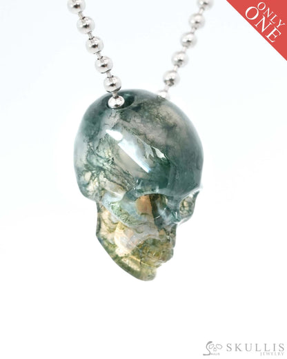 Gem Skull Pendant Necklace of Green Moss Agate Carved Hollow Skull with 925 Sterling Silver Chain - 9500215 Skull