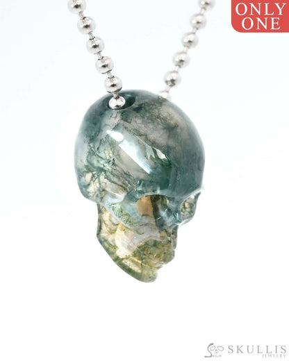 Gem Skull Pendant Necklace of Green Moss Agate Carved Hollow Skull with 925 Sterling Silver Chain - 9500215 Skull