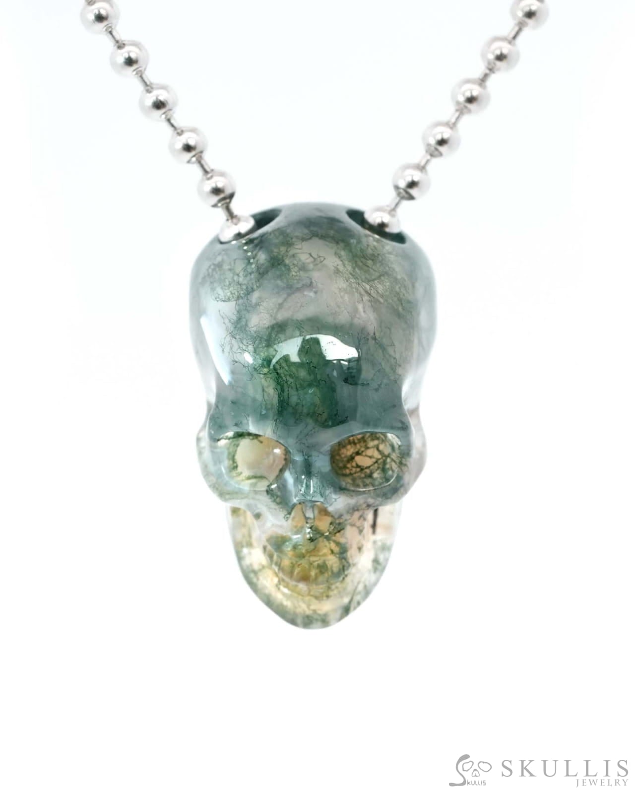 Gem Skull Pendant Necklace of Green Moss Agate Carved Hollow Skull with 925 Sterling Silver Chain - 9500215 Skull