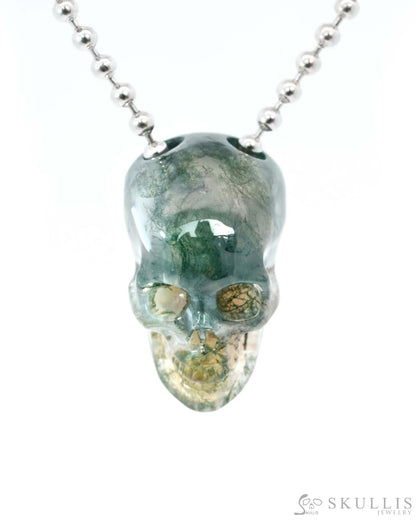Gem Skull Pendant Necklace of Green Moss Agate Carved Hollow Skull with 925 Sterling Silver Chain - 9500215 Skull