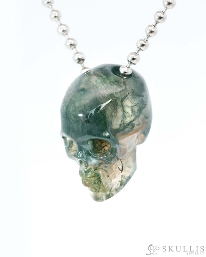 Gem Skull Pendant Necklace of Green Moss Agate Carved Hollow Skull with 925 Sterling Silver Chain - 9500215 Skull
