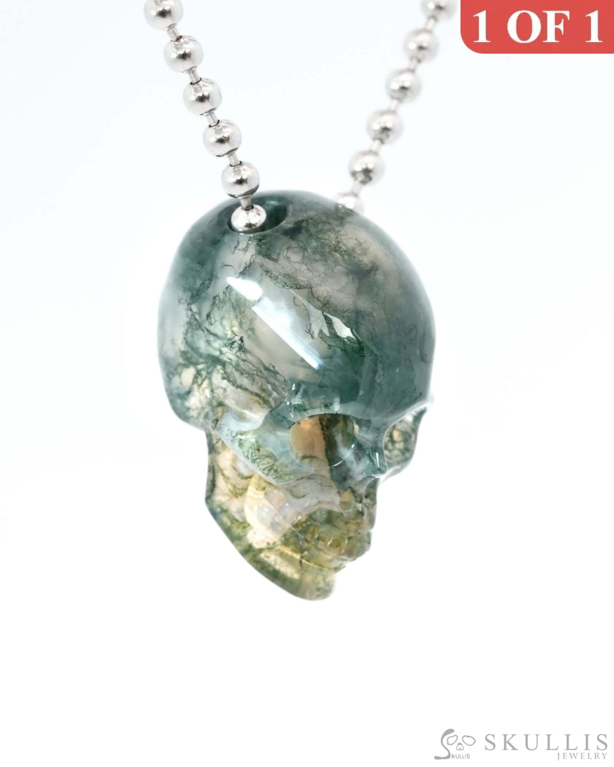 Gem Skull Pendant Necklace of Green Moss Agate Carved Hollow Skull with 925 Sterling Silver Chain - 9500215 Skull
