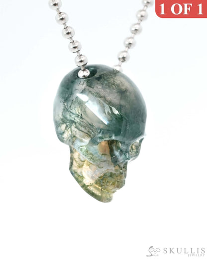 Gem Skull Pendant Necklace of Green Moss Agate Carved Hollow Skull with 925 Sterling Silver Chain - 9500215 Skull