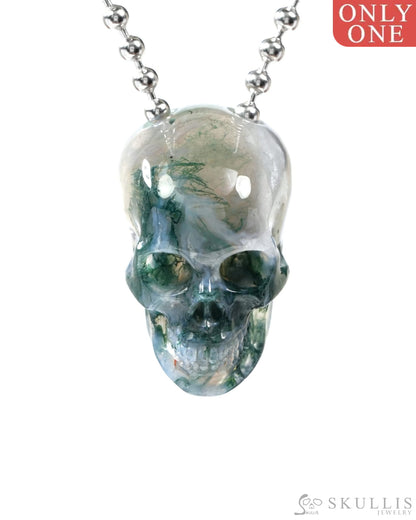 Gem Skull Pendant Necklace of Green Moss Agate Carved Hollow Skull with 925 Sterling Silver Chain