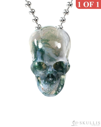 Gem Skull Pendant Necklace of Green Moss Agate Carved Hollow Skull with 925 Sterling Silver Chain