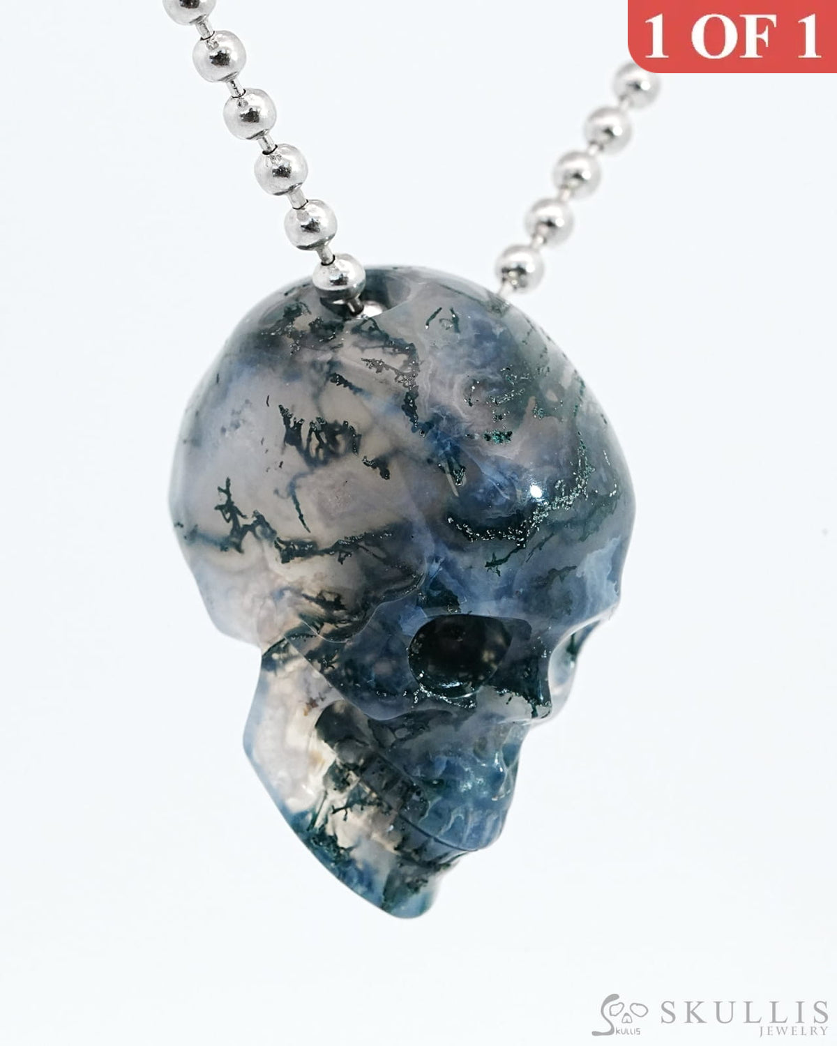 Gem Skull Pendant Necklace Of Green Moss Agate Carved Hollow Skull With 925 Sterling Silver
