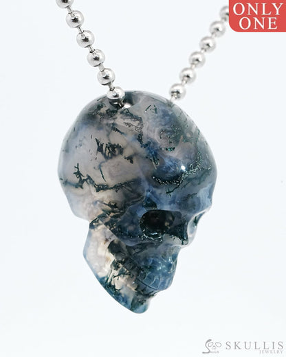 Gem Skull Pendant Necklace Of Green Moss Agate Carved Hollow Skull With 925 Sterling Silver