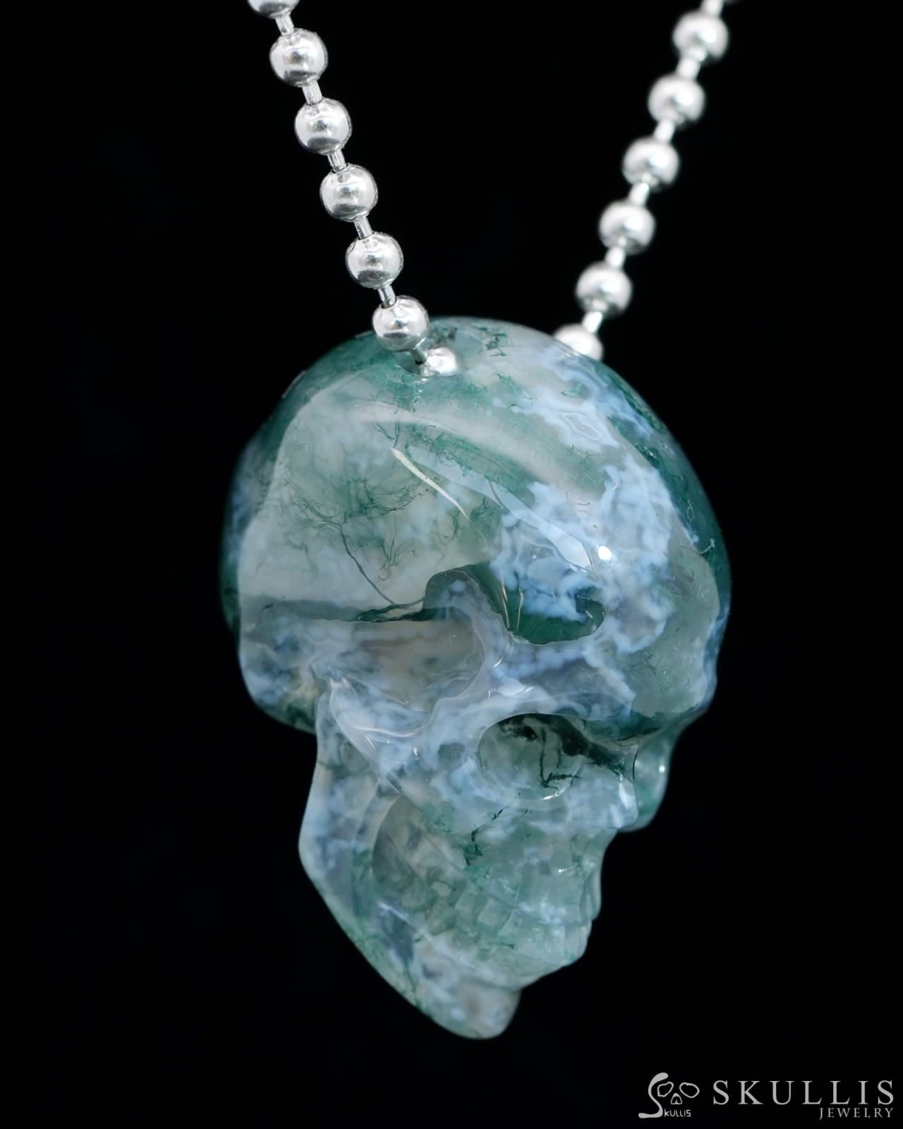 Gem Skull Pendant Necklace of Green Moss Agate Carved Hollow Skull with 925 Sterling Silver Chain - 9800205 Skull