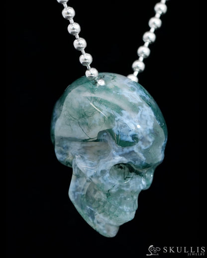 Gem Skull Pendant Necklace of Green Moss Agate Carved Hollow Skull with 925 Sterling Silver Chain - 9800205 Skull