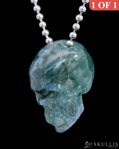 Gem Skull Pendant Necklace of Green Moss Agate Carved Hollow Skull with 925 Sterling Silver Chain - 9800205 Skull
