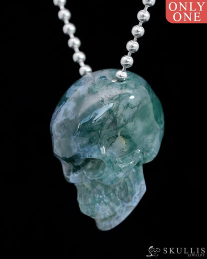 Gem Skull Pendant Necklace of Green Moss Agate Carved Hollow Skull with 925 Sterling Silver Chain - 9800205 Skull