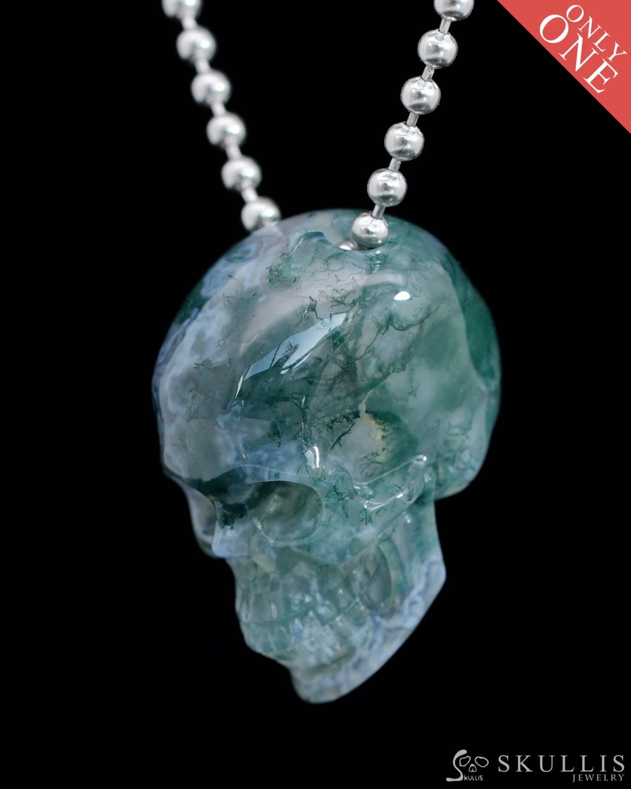 Gem Skull Pendant Necklace of Green Moss Agate Carved Hollow Skull with 925 Sterling Silver Chain - 9800205 Skull