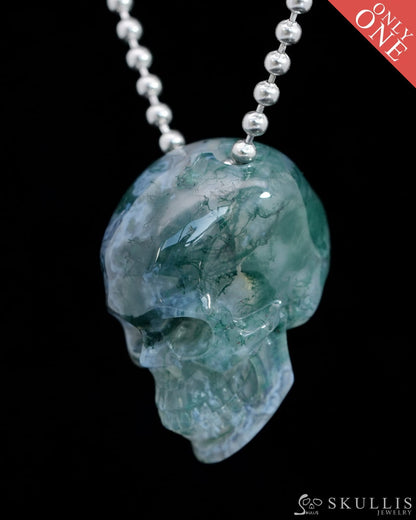 Gem Skull Pendant Necklace of Green Moss Agate Carved Hollow Skull with 925 Sterling Silver Chain - 9800205 Skull