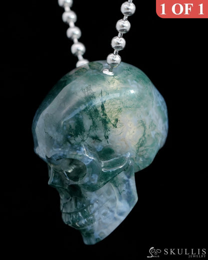 Gem Skull Pendant Necklace of Green Moss Agate Carved Hollow Skull with 925 Sterling Silver Chain - 9800206 Skull