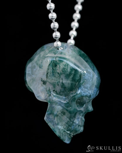 Gem Skull Pendant Necklace of Green Moss Agate Carved Hollow Skull with 925 Sterling Silver Chain - 9800206 Skull