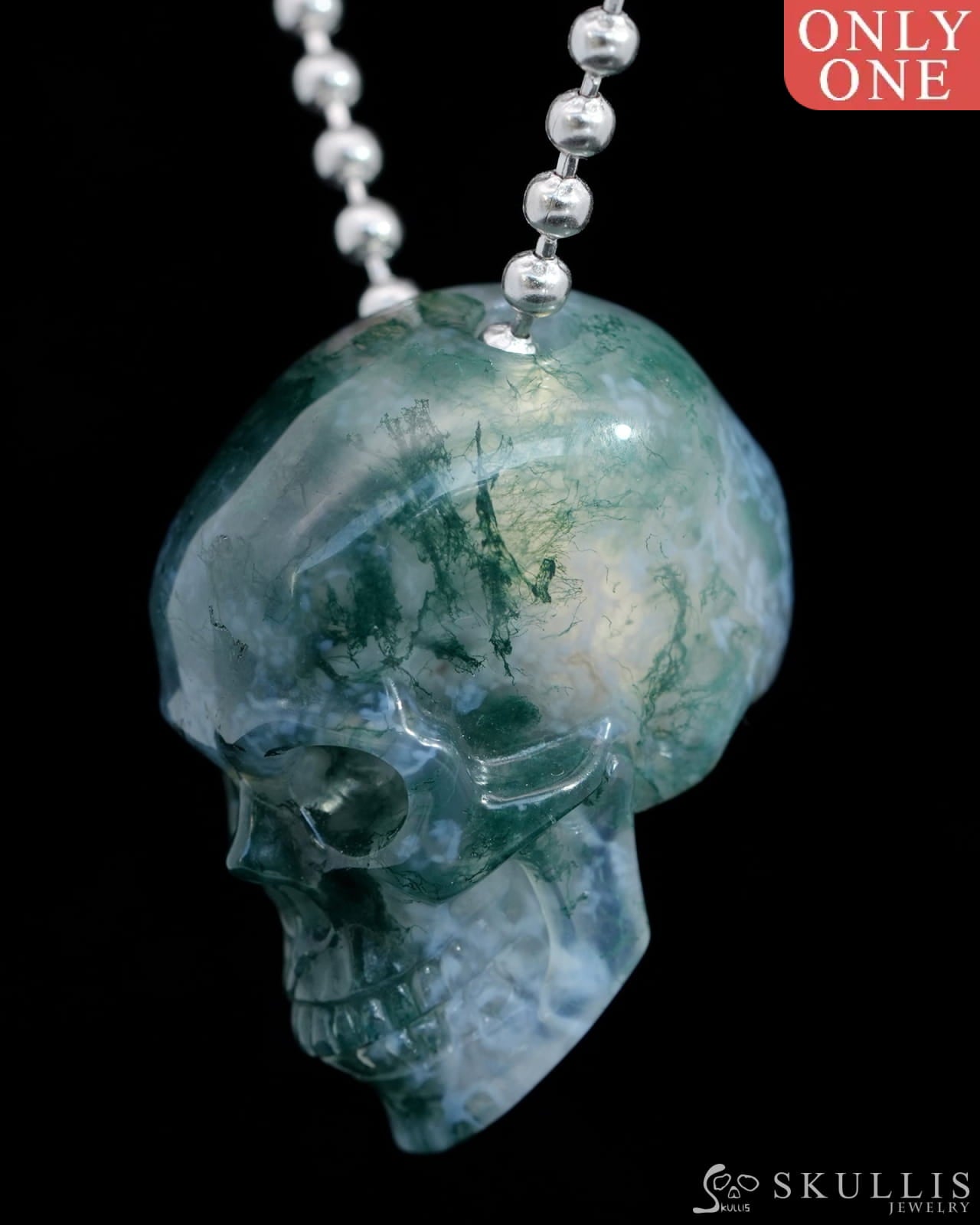 Gem Skull Pendant Necklace of Green Moss Agate Carved Hollow Skull with 925 Sterling Silver Chain - 9800206 Skull