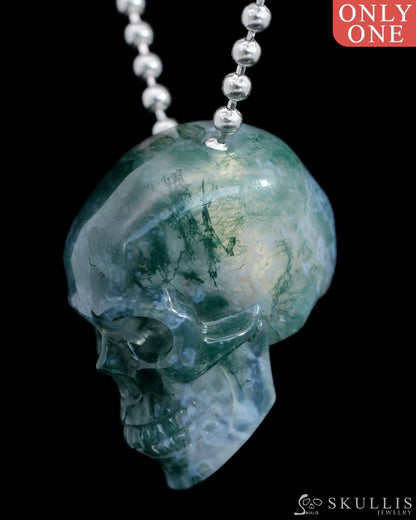 Gem Skull Pendant Necklace of Green Moss Agate Carved Hollow Skull with 925 Sterling Silver Chain - 9800206 Skull