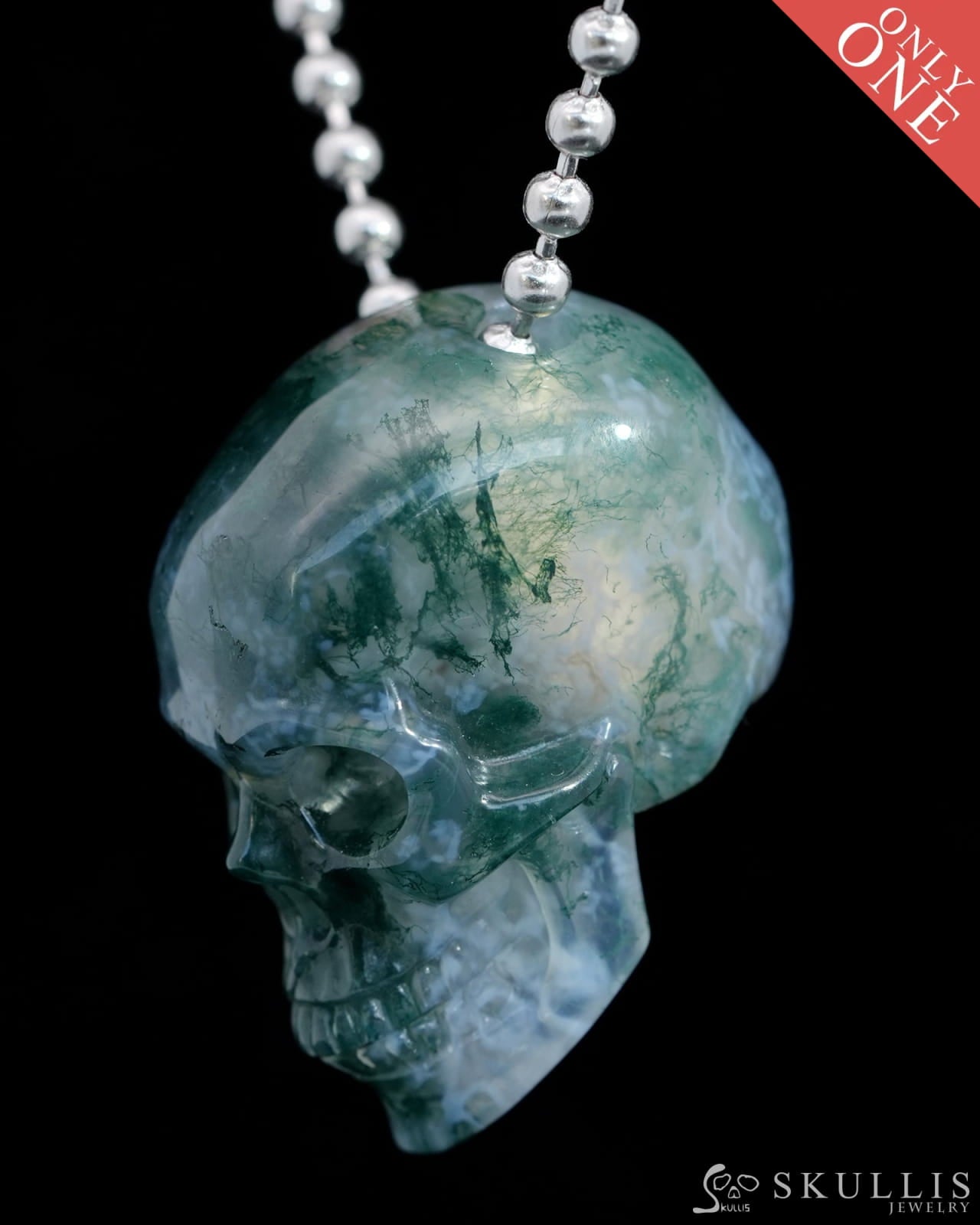 Gem Skull Pendant Necklace of Green Moss Agate Carved Hollow Skull with 925 Sterling Silver Chain - 9800206 Skull