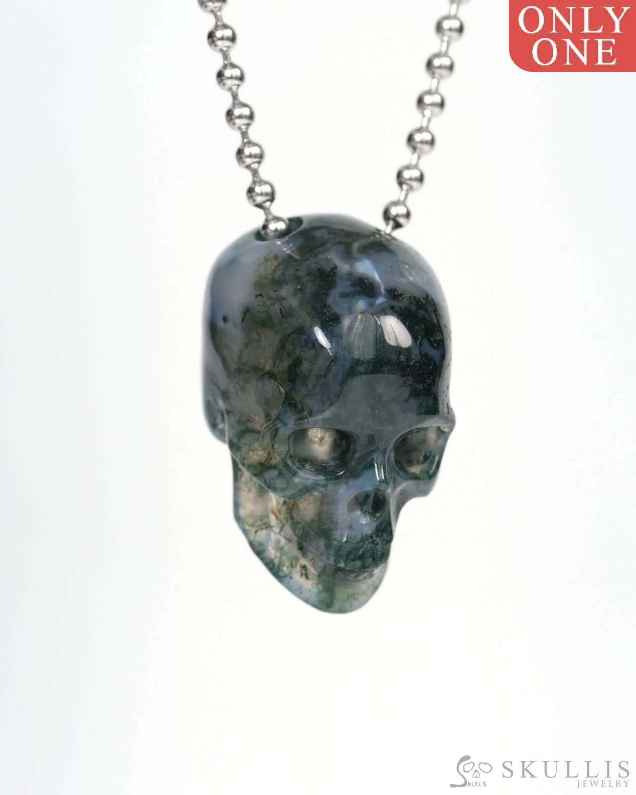 Hollow Essence - Gem Skull Pendant Necklace of Green Moss Agate Carved Hollow Skull - 9900212 Skull Pendants