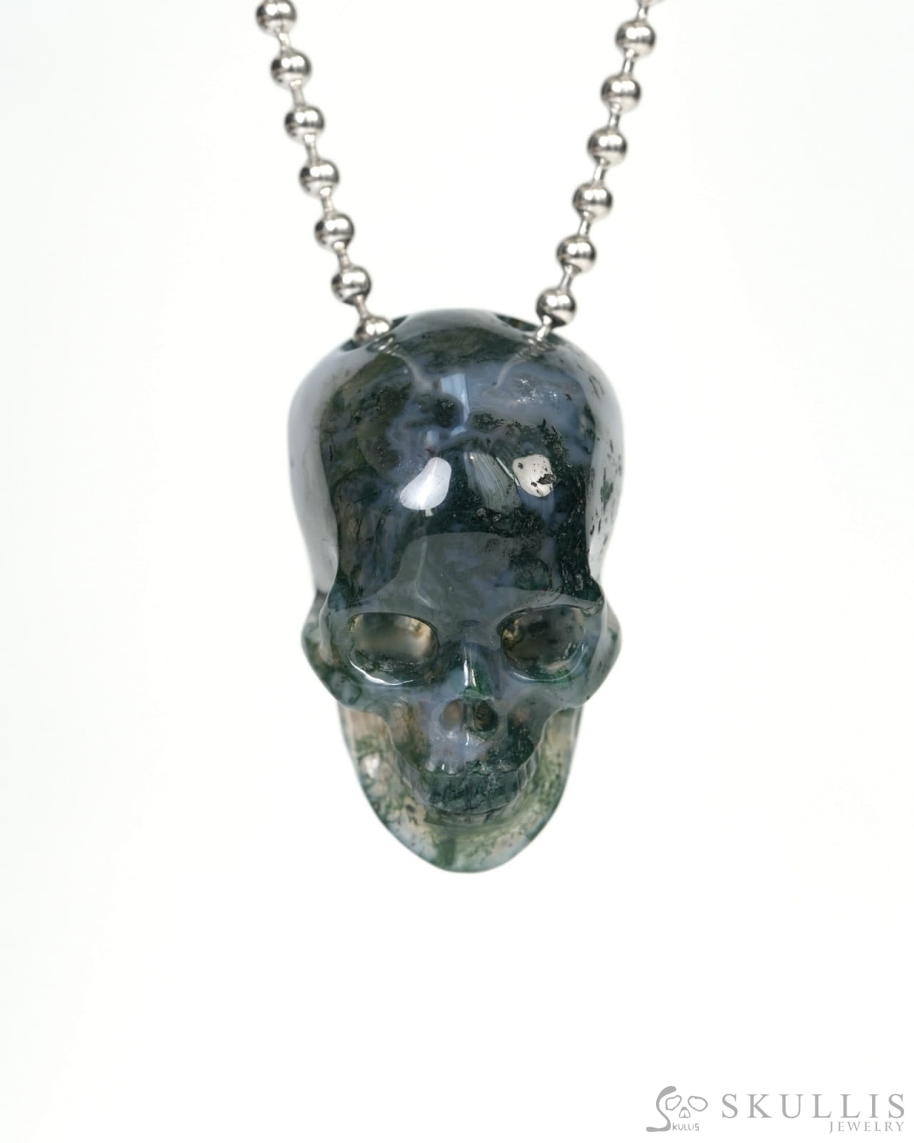 Hollow Essence - Gem Skull Pendant Necklace of Green Moss Agate Carved Hollow Skull - 9900212 Skull Pendants