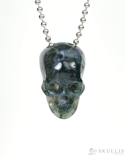 Hollow Essence - Gem Skull Pendant Necklace of Green Moss Agate Carved Hollow Skull - 9900212 Skull Pendants