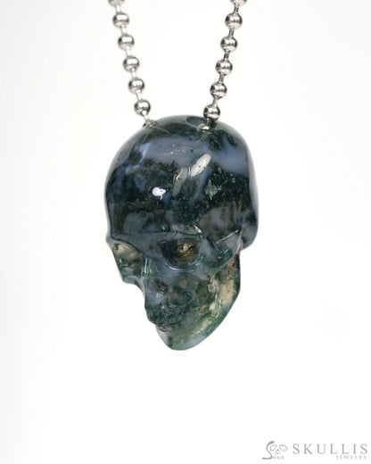 Hollow Essence - Gem Skull Pendant Necklace of Green Moss Agate Carved Hollow Skull - 9900212 Skull Pendants