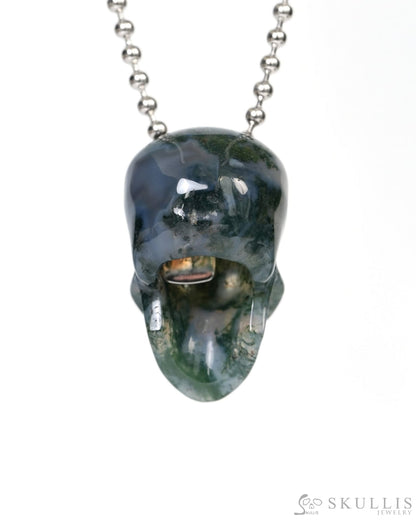 Hollow Essence - Gem Skull Pendant Necklace of Green Moss Agate Carved Hollow Skull - 9900212 Skull Pendants