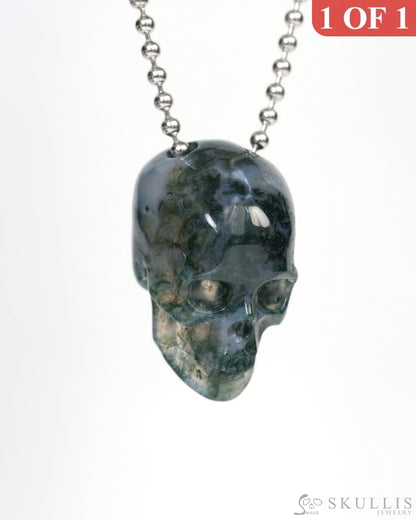 Hollow Essence - Gem Skull Pendant Necklace of Green Moss Agate Carved Hollow Skull - 9900212 Skull Pendants