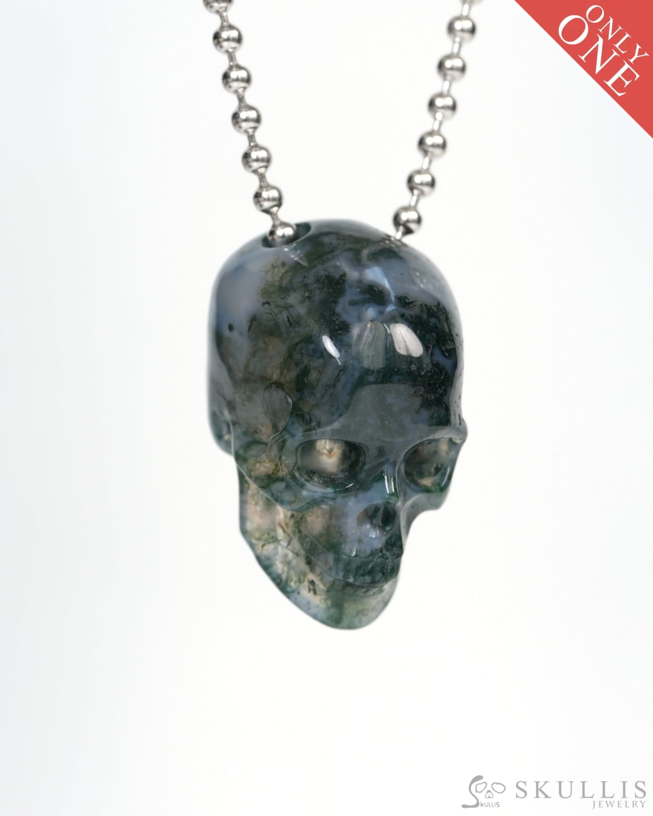 Hollow Essence - Gem Skull Pendant Necklace of Green Moss Agate Carved Hollow Skull - 9900212 Skull Pendants