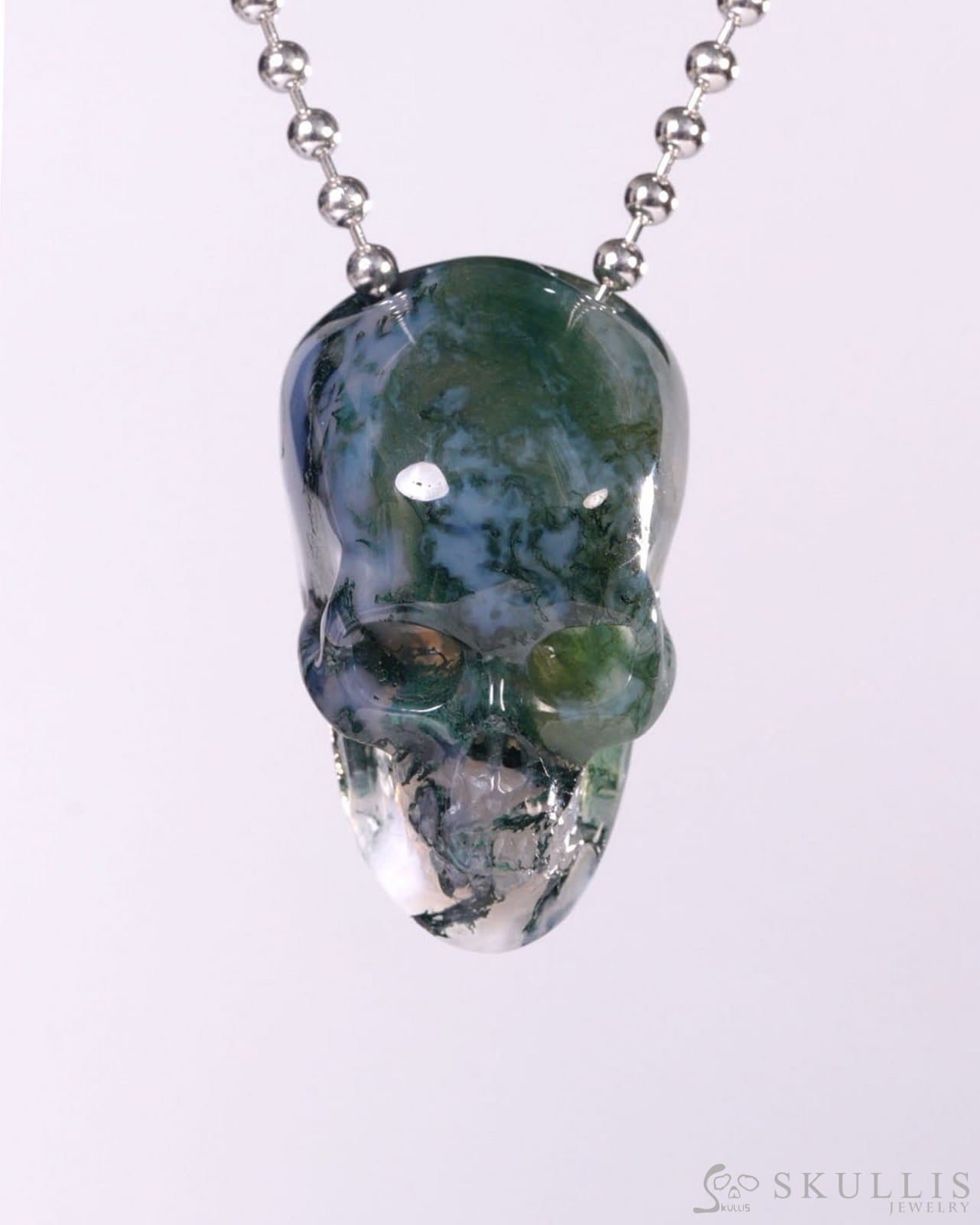 Hollow Essence - Gem Skull Pendant Necklace of Green Moss Agate Carved Hollow Skull - Y9500457 - Skull Pendants