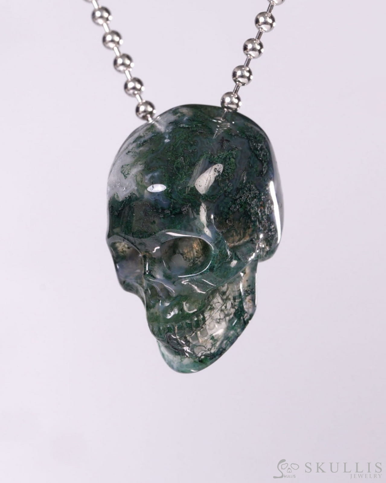 Hollow Essence - Gem Skull Pendant Necklace of Green Moss Agate Carved Hollow Skull - Y9500458 - Skull Pendants