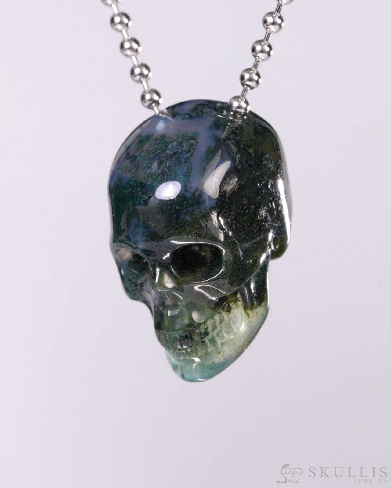 Hollow Essence - Gem Skull Pendant Necklace of Green Moss Agate Carved Hollow Skull - Y9500459 - Skull Pendants