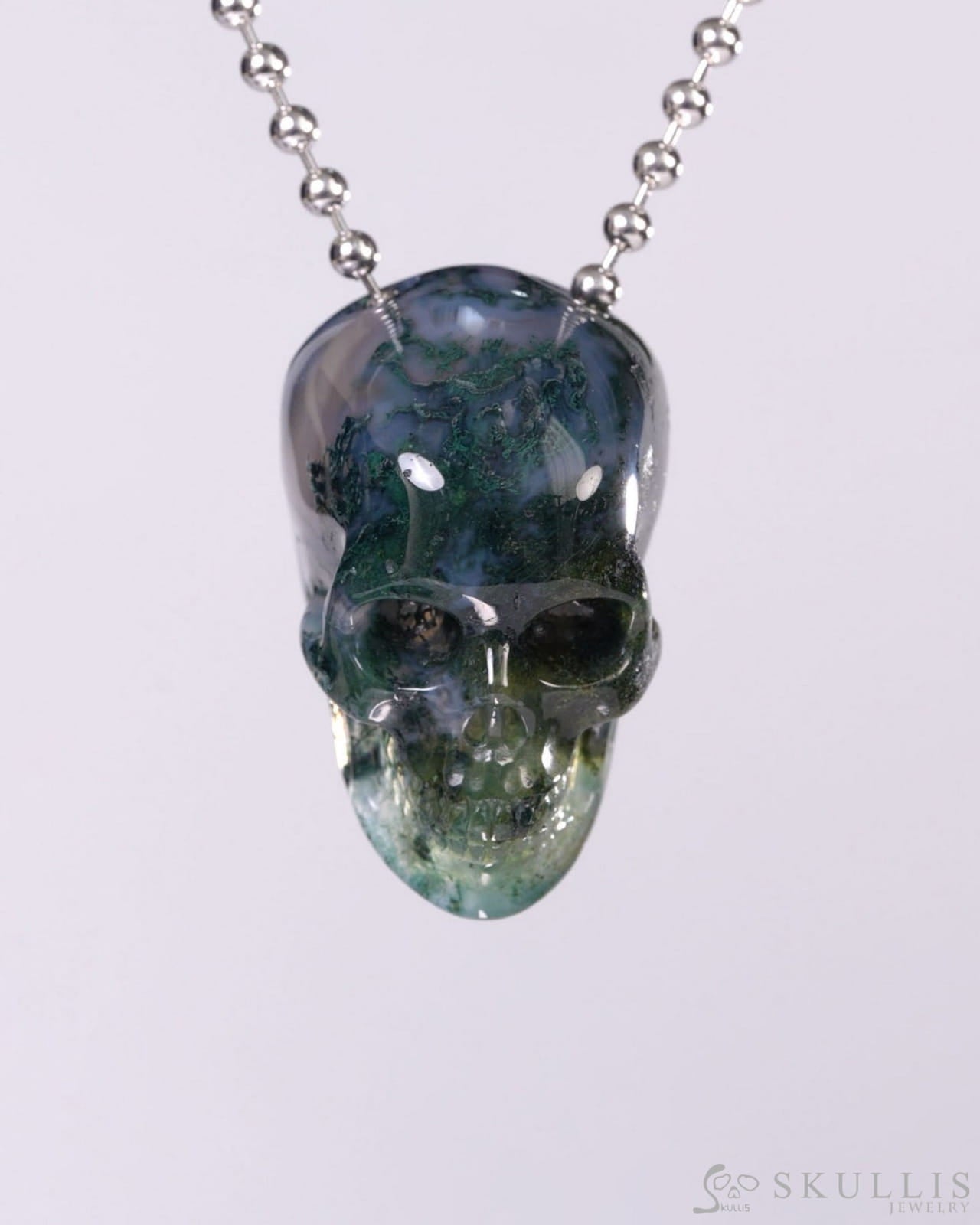 Hollow Essence - Gem Skull Pendant Necklace of Green Moss Agate Carved Hollow Skull - Y9500459 - Skull Pendants
