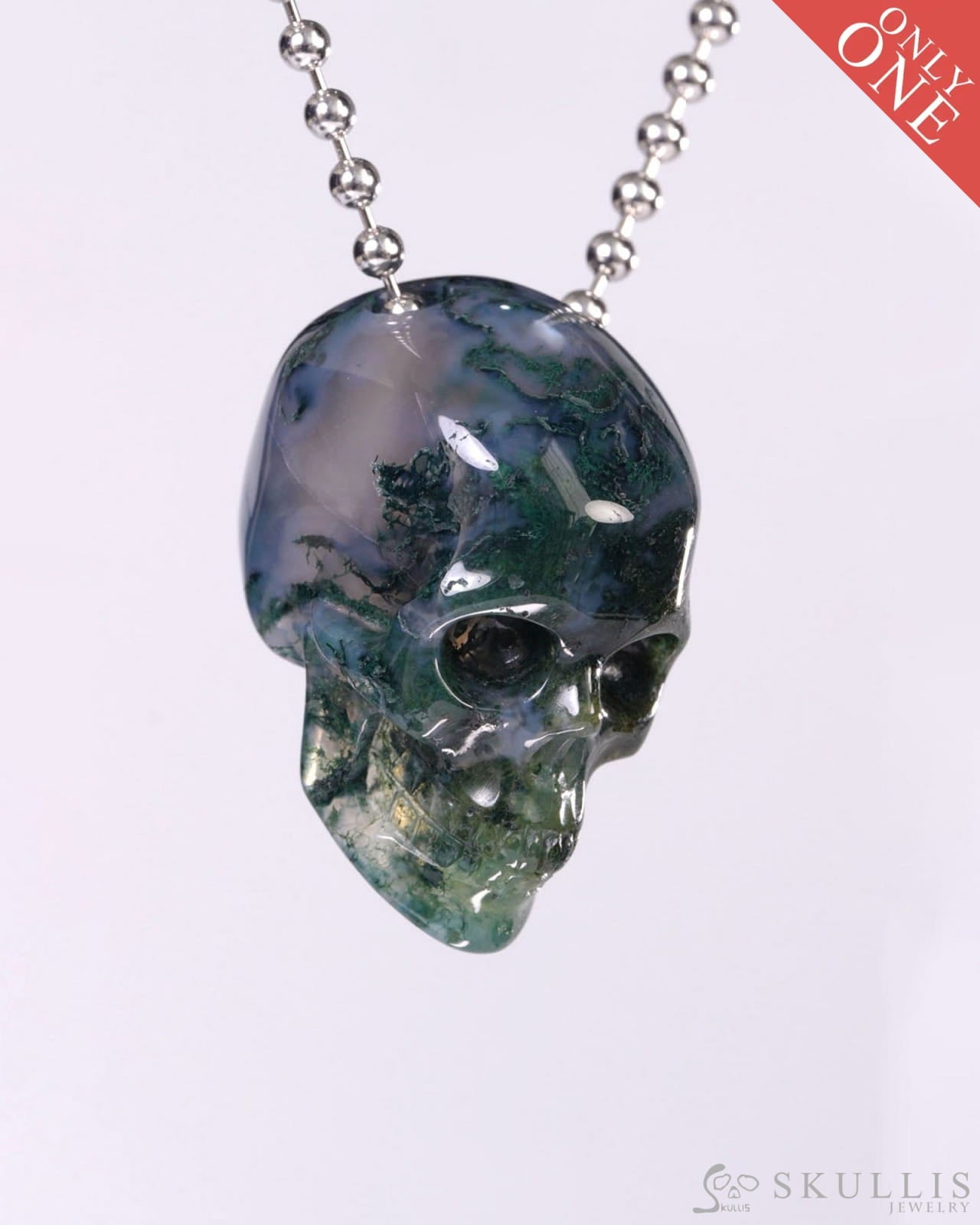 Hollow Essence - Gem Skull Pendant Necklace of Green Moss Agate Carved Hollow Skull - Y9500459 - Skull Pendants