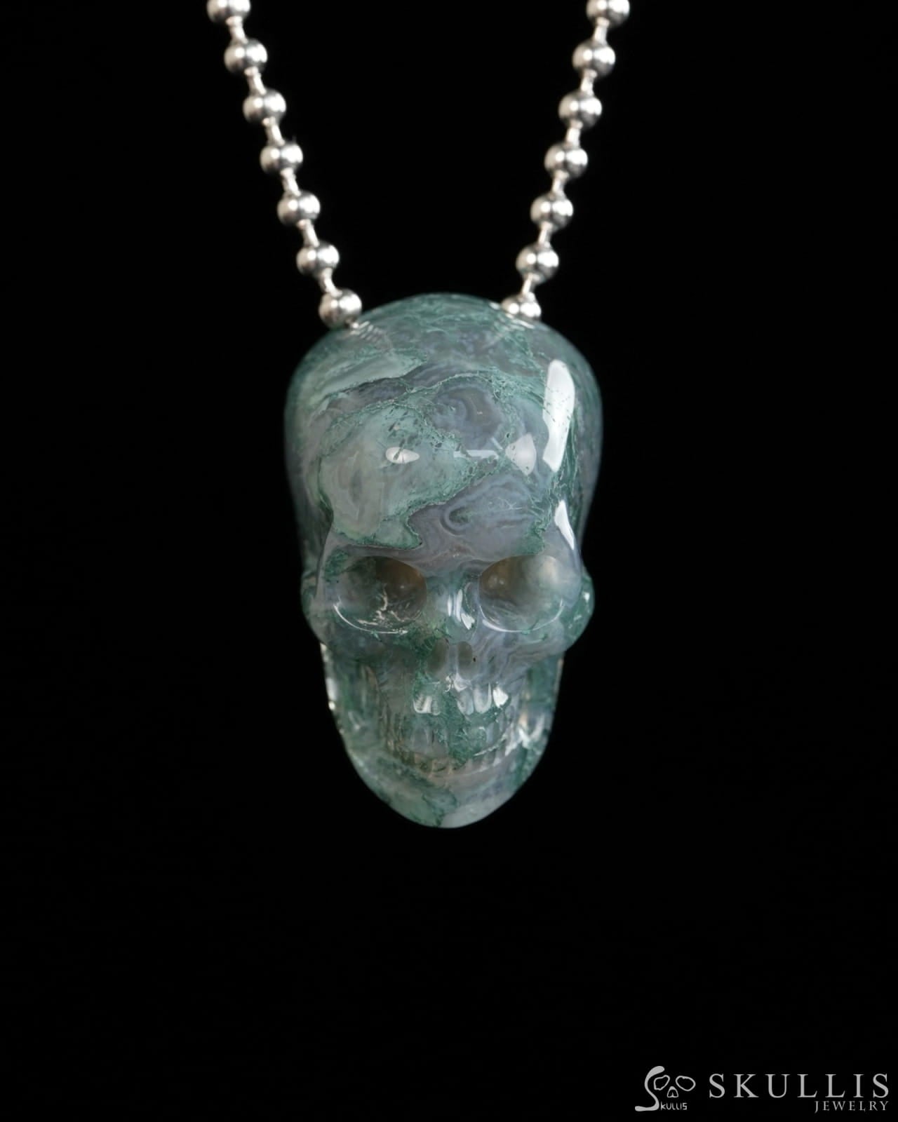 Hollow Essence - Gem Skull Pendant Necklace of Green Moss Agate Carved Hollow Skull - Y9900314 - Skull Pendants