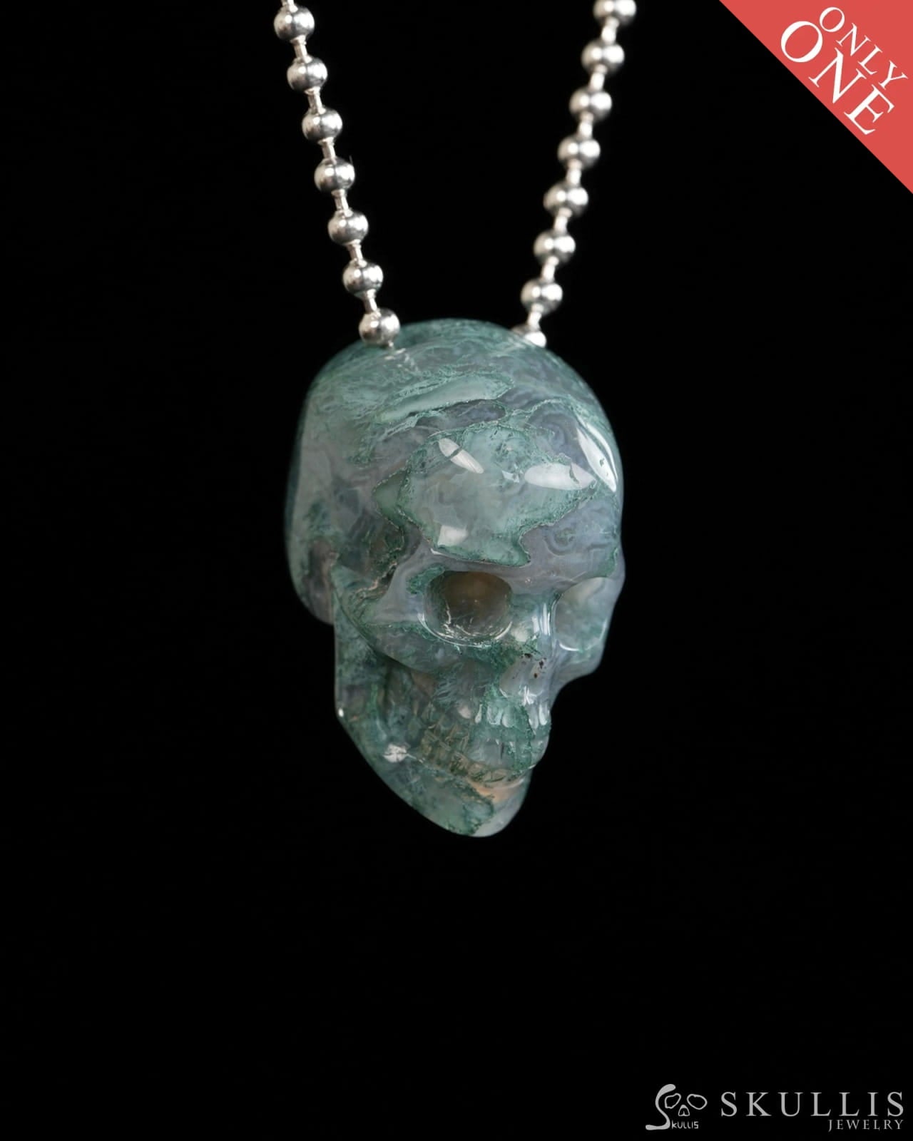 Hollow Essence - Gem Skull Pendant Necklace of Green Moss Agate Carved Hollow Skull - Y9900314 - Skull Pendants