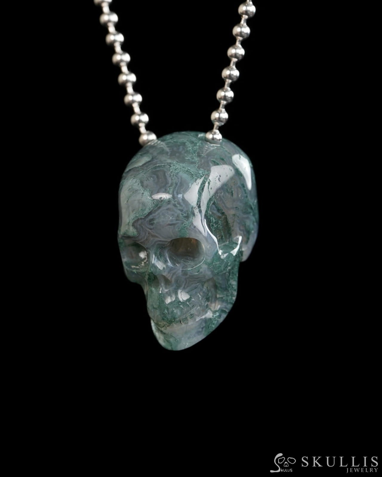 Hollow Essence - Gem Skull Pendant Necklace of Green Moss Agate Carved Hollow Skull - Y9900314 - Skull Pendants