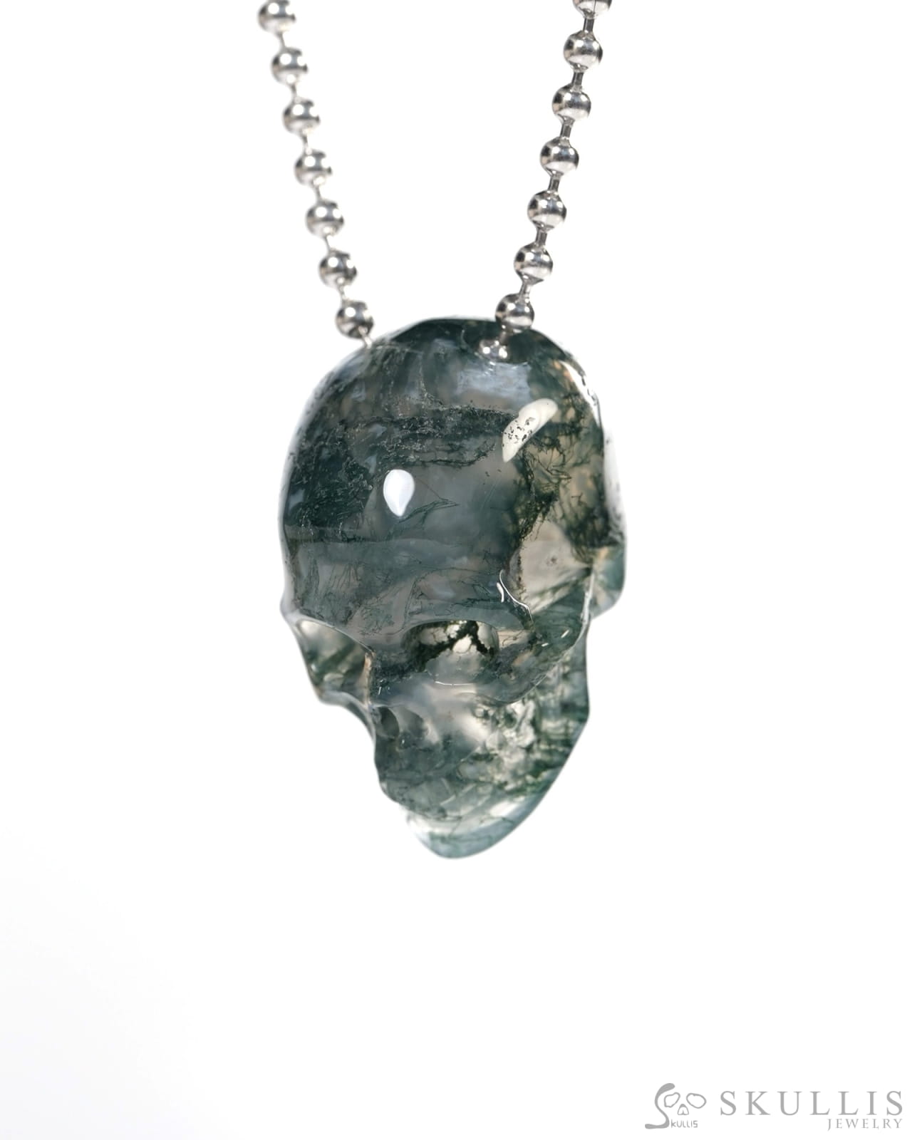 Hollow Essence - Gem Skull Pendant Necklace of Green Moss Agate Carved Hollow Skull - Y9900344 - Skull Pendants